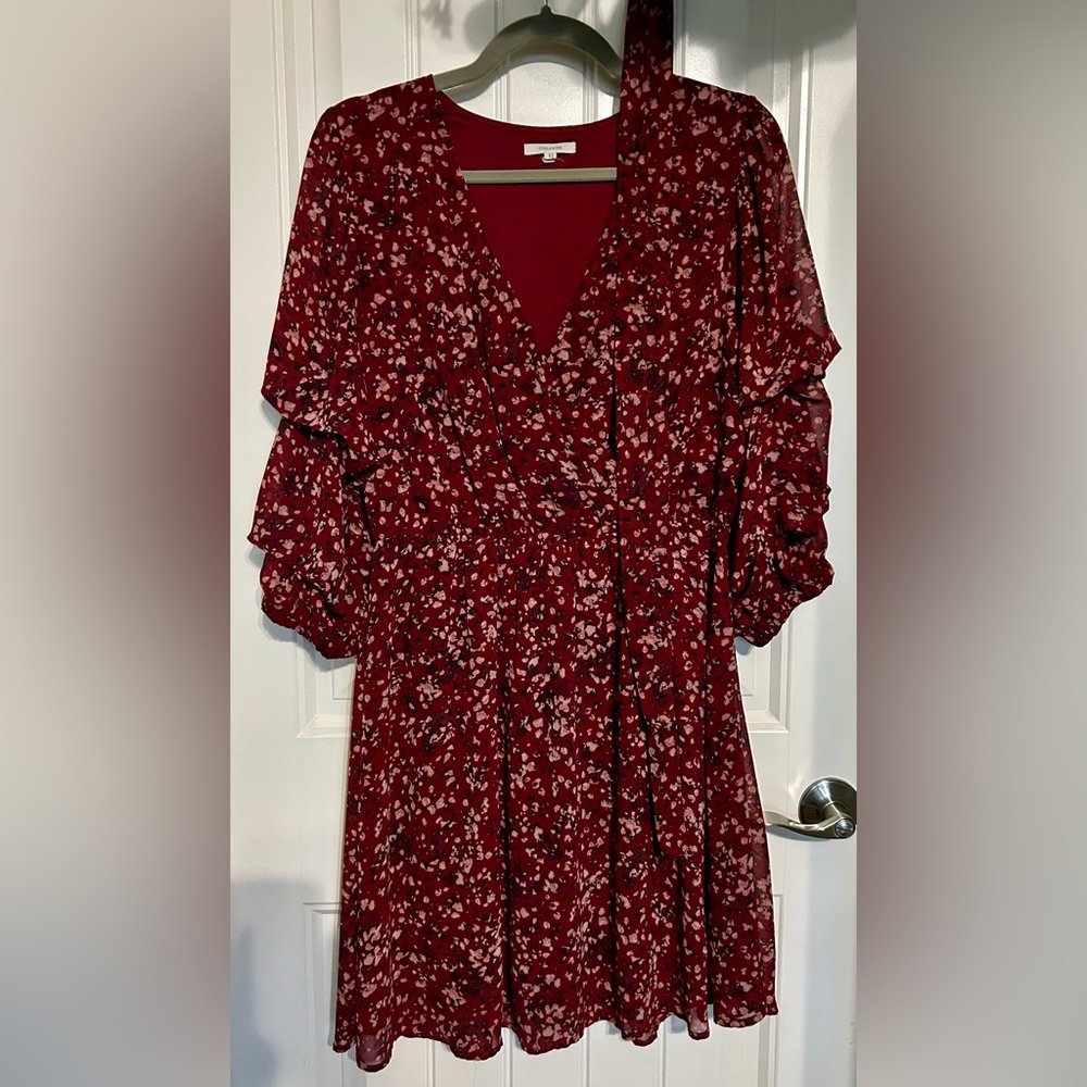 Maurices Wine Floral V-Neck Ruffle 3/4 Sleeve Dress